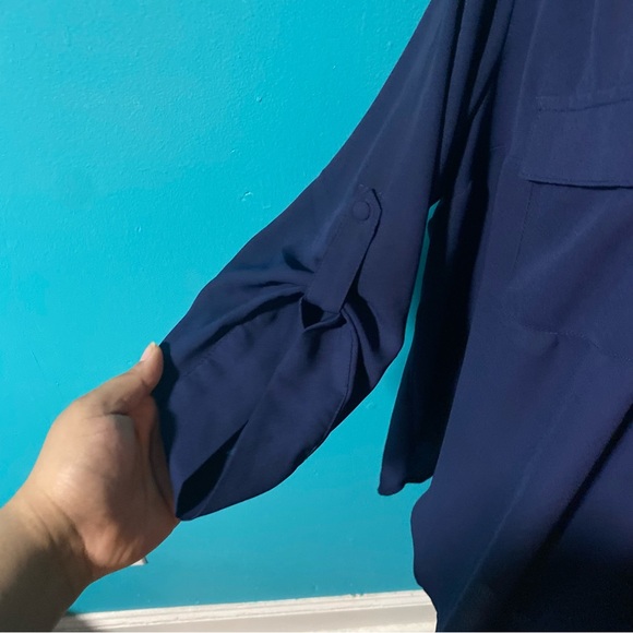 [E] Torrid 1X Solid Navy Blue Harper Georgette Pullover 3/4 Sleeve Blouse - Picture 4 of 6